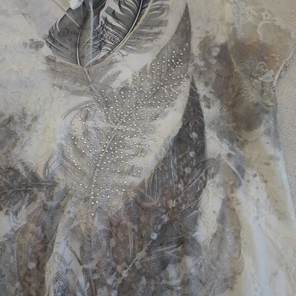 Brittany Black Women's Size L Cream Gray Fairy Grunge Lace Bedazzled Y2K Top - Picture 5 of 11